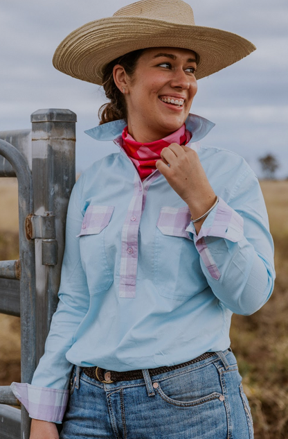 Emma Half Button Shirt - Gingham Trim